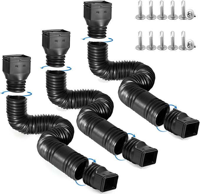 Rain Gutter Downspout Extensions, Flexible Downspout Extender for Rain Water Drainage, Down Spout Drain Extension Extendable from 21 to 68 Inches(3 Pack, Black)