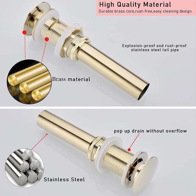 Bathroom Pop Up Drain with Overflow, Bathroom Sink Push Pop Up Assembly Vessel Sink Drain with Overflow. (Brushed Gold)