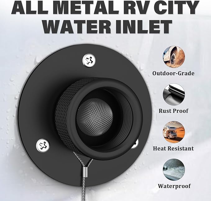 All Metal RV City Water Inlet with Check Valve RV Water Inlet -rv Water Fill Inlet Leak Proof & Universal Fit for RV Camper Motorhome Trailer Marine -Black