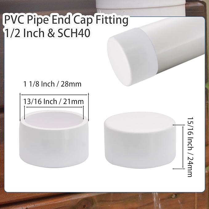 24 Pack 1/2 Inch PVC Cap, SCH40 PVC Pipe End Cap Fitting Furniture Grade PVC Pipe End Cap Plug Adapter, White PVC Pipe Plug Socket Fittings for Build PVC Furniture DIY Garden Shelf