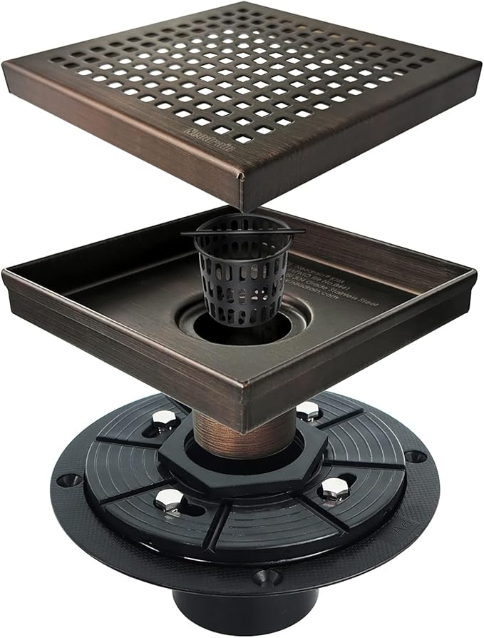 Neodrain 6 in Square Shower Drain, Oil Rubbed Bronze, Removable Quadrato Pattern Grate, with PVC Shower Drain Base and Rubber Gasket, Square Drainage. CUPC Certified, Includes Hair Strainer, ORB