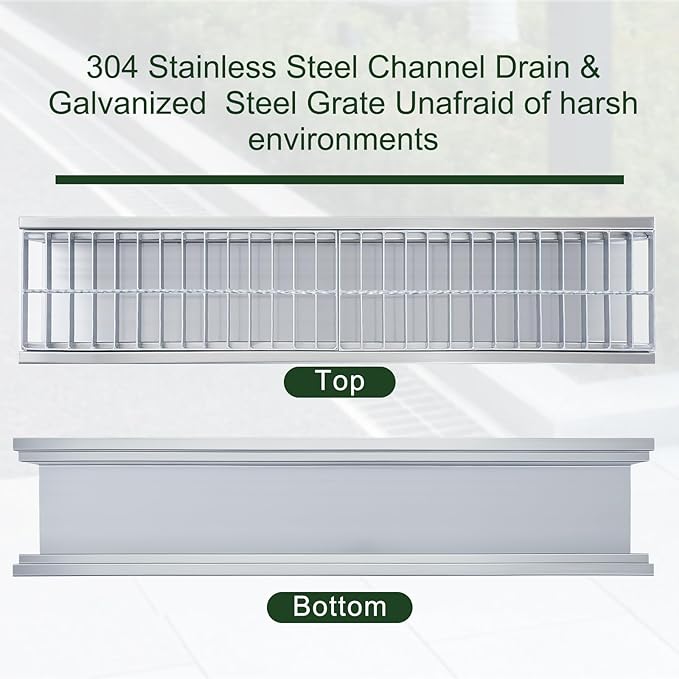 Blulu 1 Pcs 304 Stainless Steel Channel Drain with Galvanized Steel Grate 39.4x10x5.5 Inch Trench Drain Kit for 3'' Pipe Durable French Drains System for Outdoor Driveway Garage Yard (Silver)