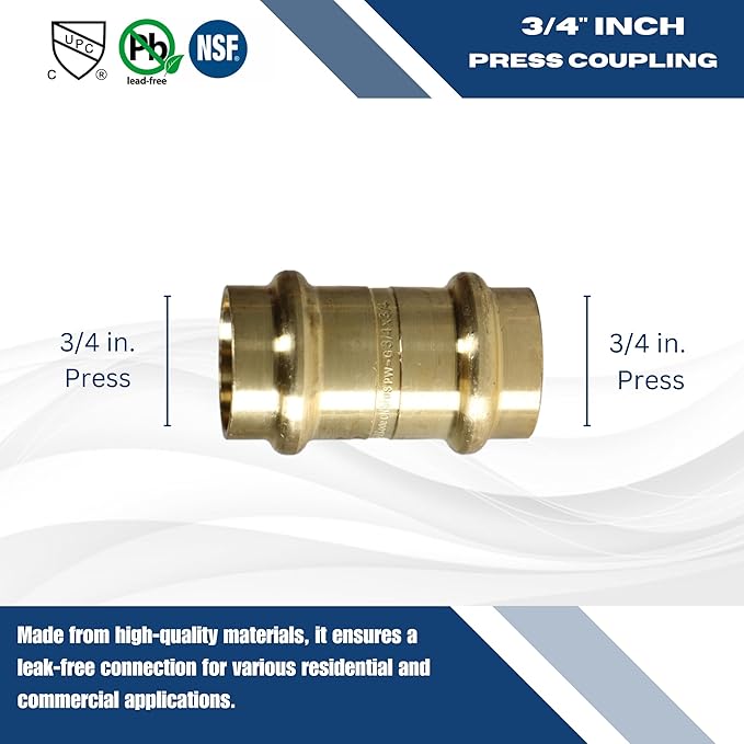XFITTING 3/4 inch x 3/4 inch Press Coupling, Brass, 10 Pieces