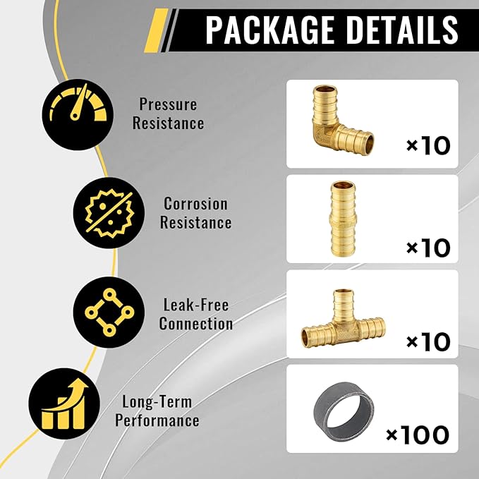 130 Pack Foskan 3/4 Inch PEX Brass Fittings Set, 10 PCS Each Elbows Tees Straight Couplings,With 100pcs Copper Rings, PEX Crimp Barb Fitting Kit