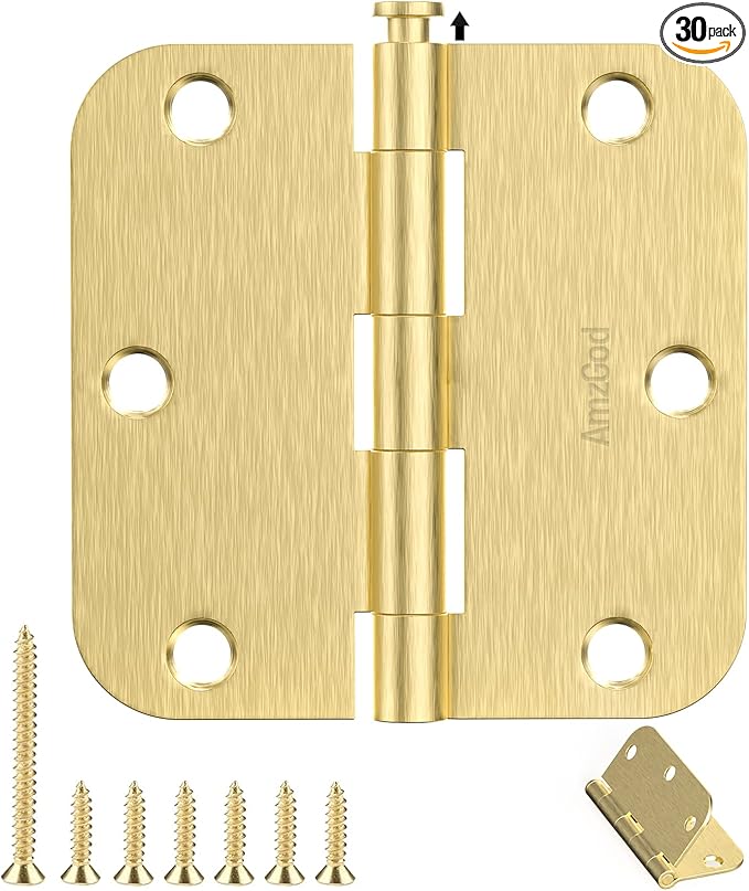 Door Hinges Satin Brass - 30 Pack Gold Door Hinges 3.5 Inch Rounded Interior Door Hinge with 5/8" Radius - 3 1/2 Inches Flat Iron Brass Hinges for Residential Standard Doors