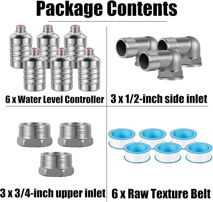 JUXILPP 6pcs 304 Stainless Steel Automatic Float Valve 1/2" and 3/4" Connection Types Precise Control Water Level Controller Water Level Control Float Valve for Sink for Water Tank Livestock Troughs