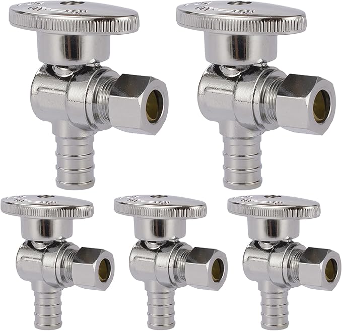 Angle Stop Valve,1/2 Inch Pex X 3/8 Inch OD Compression Angle Shut-off Valve with 1/4 Turn on/off (Pack of 5,ASTM F1807)(VALVE076-5Pack)