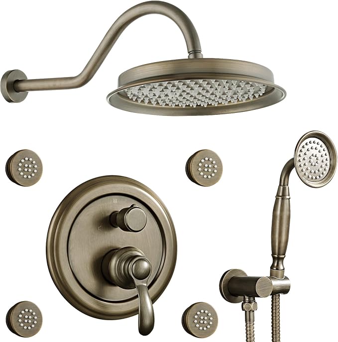 Antique Brass Shower System - Faucets Sets Complete Wall Mounted 9" Rain Head with Handheld Spray and Body Jets Bathroom Fixtures Combo, 3 Way Diverter Rough in Valve Trim Kit