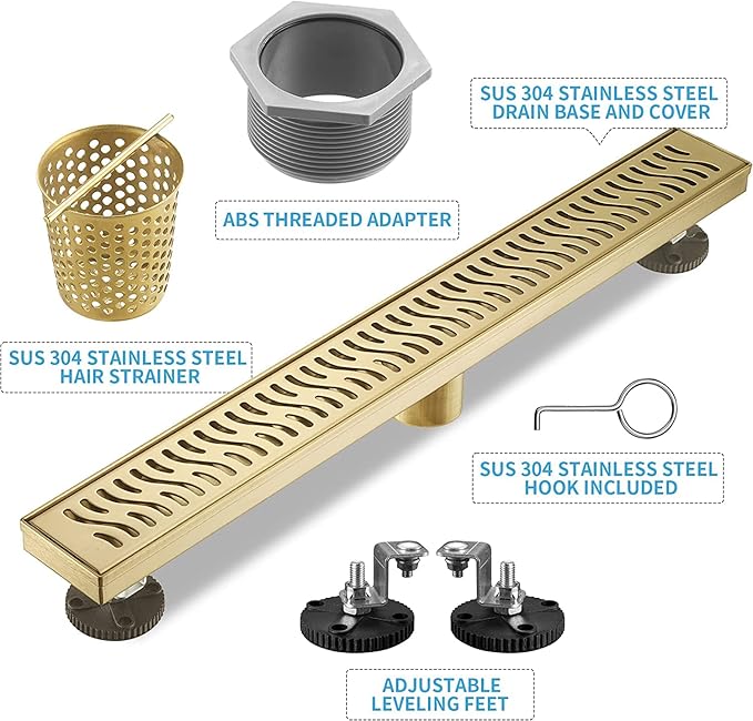 Linear Shower Drain 48 inch, Floor Drain with Removable Pattern Grate, 304 Stainless Steel Rectangular Linear Drain with Hair Strainer, CUPC Certified, Brushed Gold, SD-103