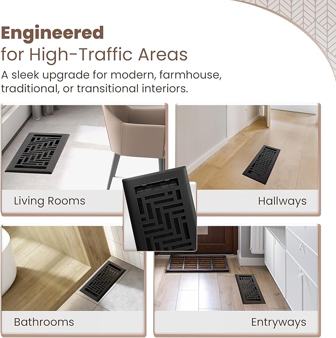 Floor Register 4x10 Vent Cover – 8 Pack – Heavy-Duty Steel, Rustproof & Walkable Grates, Drop-in Install, Adjustable Air Supply Switch - Decorative Herringbone Design, Textured Black