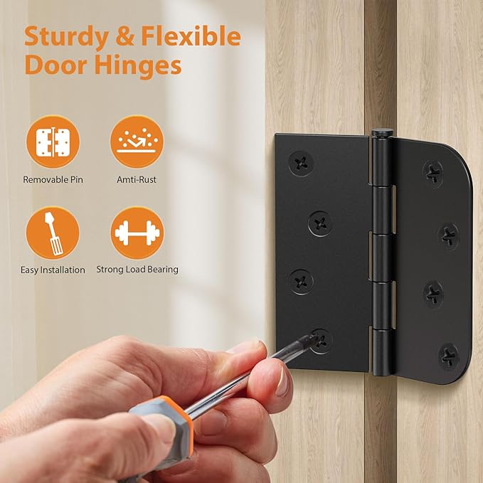 24 Pack Matte Black Door Hinges 4 Inch, Heavy Duty Exterior Hinges with Square & 5/8" Radius Corners, Removable Pin Design for Quiet Residential Front & Back Doors
