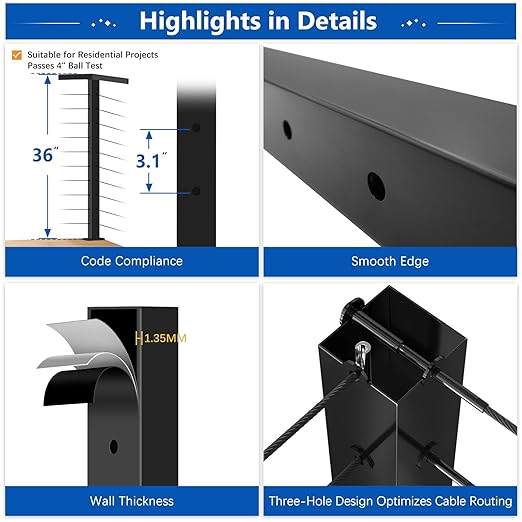 36" T304 T-drilled Cable Railing Corner Post(Post 35"x2"x2"), Three Sides Wire Railing Post with Cable Grommets, Fixed Top Mount Stainless Steel Black Finish Deck Staircase Post