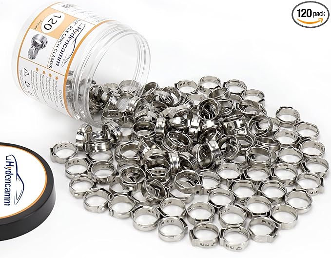 120 Pack 1/2 Inch PEX Cinch Clamps Rings, Premium 304 Stainless Steel Cinch Crimp Rings Pinch Clamps, Stepless Single Ear Hose Clamp for PEX Tubing Pipe Fitting Connections By Hydencamm (1/2"x120)