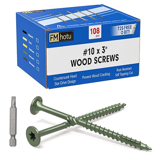 #10 x 3” Deck Screws, 108Pcs Star Drive Wood Screws, Rust Resistant Timber Screws for Timber/Log/Landscaping Wood, T25 Star Bit Included, Green