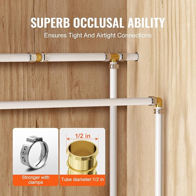 VEVOR Pipe Fittings, 1/2" 50PCS Brass Pipe Fittings, Clamp-style Elbows Pipe Connector Brass Air Fittings, Heavy Duty Plumbing Fittings Tube Adapter for Heating/Shower Systems, Outdoor Water Pipes