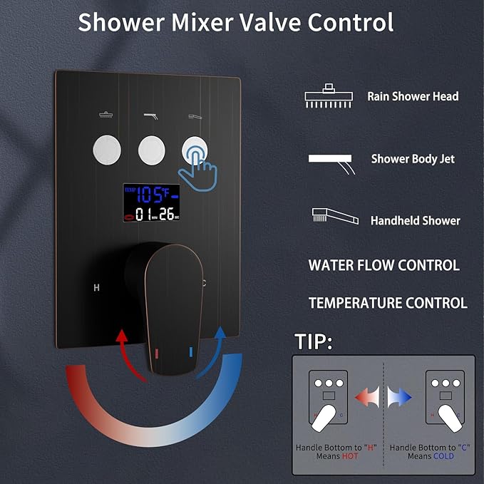 Temperature Display Rain Mixer Shower Faucet Set with 6 pcs Body Jets 12 inch Square Rainfall Shower Head with Handheld Spray Wall Mounted Rough-in Valve and Trim Included, Oil Rubbed Bronze