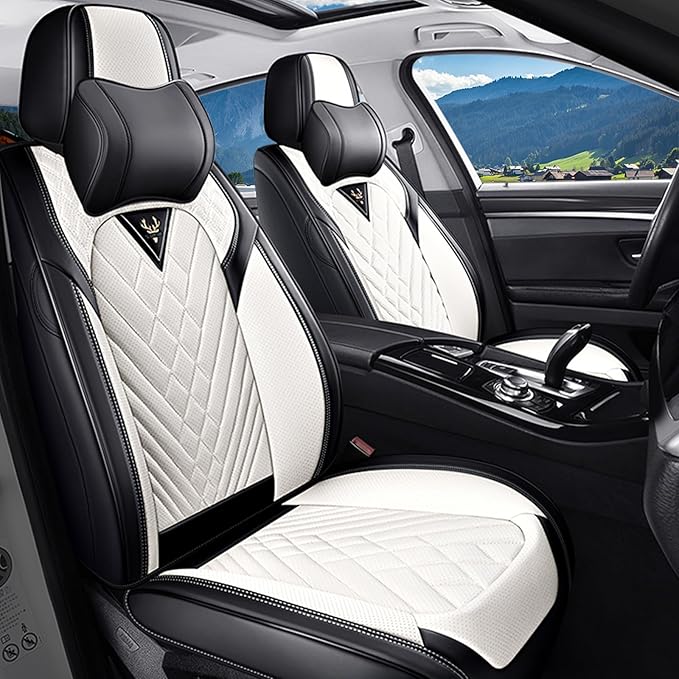 Car Seat Covers for Jaguar E-PACE 2018-2024,Breathable Nappa Leather Car Seat Protector,Front Seat Cover with Pillow Automotive Seat Cushion with Airbag Compatible(Front Seats,Black-White)