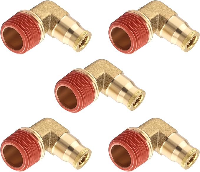 5PCS DOT Approved Quick Push to Connect Fittings, Brass 90 Degree Union Elbow 3/8" Tube OD x 1/2" NPT Thread Air Brake Line Adapter Air Suspension Kit for Car Truck Trailers