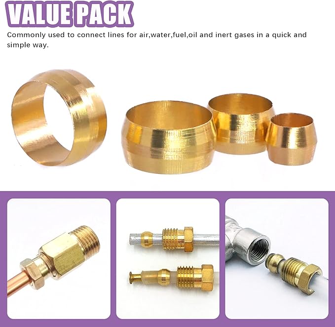 Swpeet 105 Pcs Tube OD 1/4'' 3/8'' 1/2'' Brass Compression Sleeves Ferrules, 3 Sizes Brass Compression Fitting Ferrules Assortment Kit Metal Hardware Tightly Good Sealing