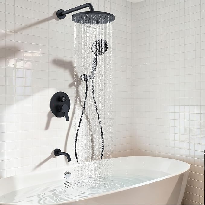 Iriber Mattle Black Bathtub Shower Faucet Set，Bathroom Shower System with Tub Spout ，Filtered Shower Head with Handheld, 9 Spray Mode Showerhead,Shower Valve Trim Kit Contain Cartridge,10 Inch