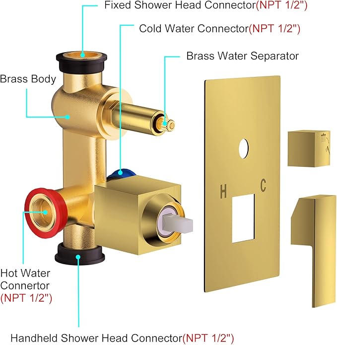 JOMEOO® 12 Inch Brushed Gold Shower System, Ceiling Mounted High Pressure Rain Shower Head with Handheld Sprayer, Bathroom Luxury Gold Shower Head Shower Faucet Set Rough in Valve Body and Trim
