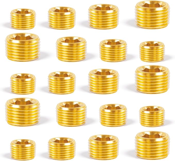 ChillWaves Brass Pipe Fitting Kit, Internal Hex Head Socket Pipe Plug Fitting，5 × 1/8" NPT，5 × 1/4" NPT，5 × 3/8" NPT，5 × 1/2" NPT Male，Thread Adapter(20-PACK)