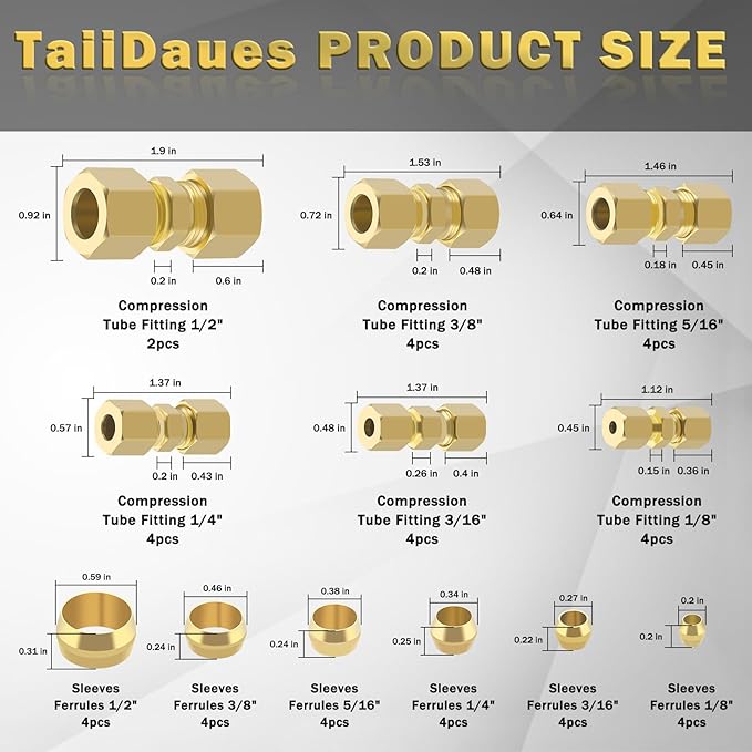 46pcs Brass Compression Tube Pipe Fittings Assortment Kit,1/8" 3/16" 1/4" 5/16" 3/8" 1/2" OD Compression Union Connector & Compression Sleeves Ferrules