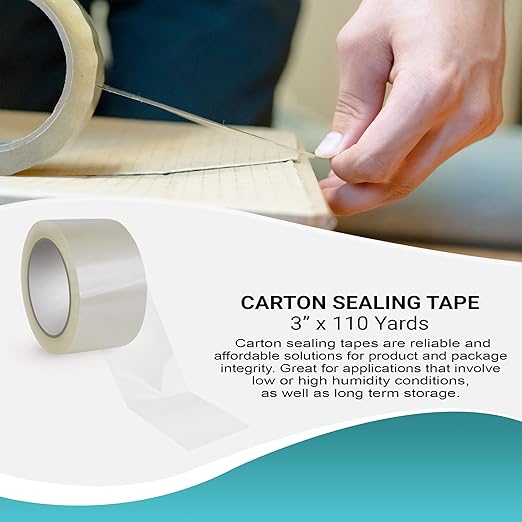 APQ 24 Rolls of Carton Sealing Tape 3” x 110 Yards. Thickness 2 Mil. 50 Micron Polypropylene Pressure Sensitive Tape for Packing, Shipping, Moving Boxes. Acrylic Adhesive. No Weathering, Yellowing.