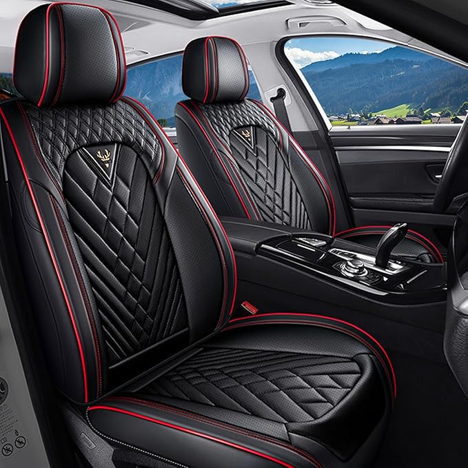 Car Seat Covers for Jaguar E-PACE 2018-2024,Breathable Nappa Leather Car Seat Protector,Front Seat Covers Automotive Seat Cushion with Airbag Compatible(Front Seats,Black-Red)