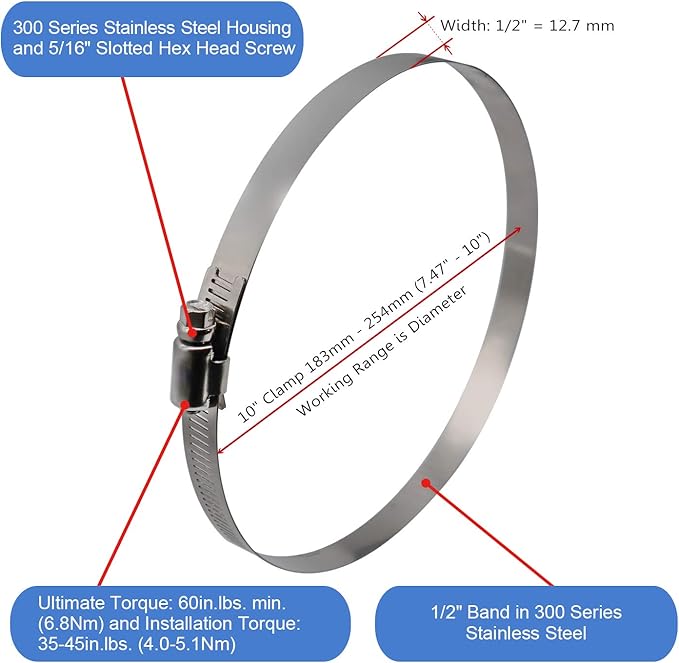 ROADFORMER 10" Worm Gear Hose Clamp - SAE 152 Size, Full Stainless Steel with 1/2" Band Width, Working Range 183mm -254mm Hose Clamps, 5 Pack