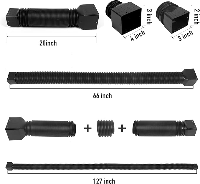 2 Pack Rain Gutter Downspout Extensions, Upgraded Flexible Drain Down Spout Extender for Rain Water Drainage, Each Extendable from 20" to 66", Combine to 10 ft with Connector(Black)