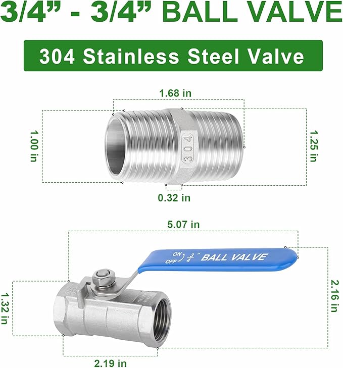 TAISHER 4 Pcs 3/4 Inch FNPT Ball Valve Kit, 304 Stainless Steel with Blue Handles & Nipple