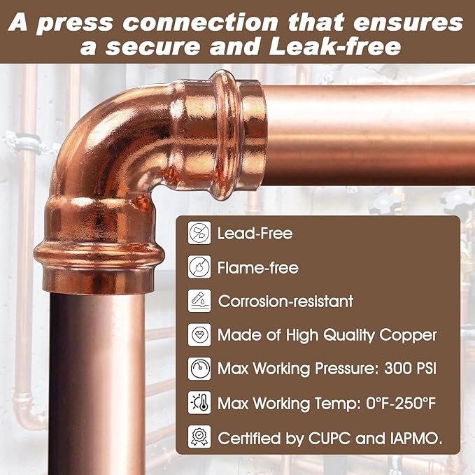Copper Press Fittings,1 inch Copper Coupling 90 degree Elbow Coupling Zero Lead PxP 1 inch x 1 inch,6PCS 90-Degree Elbow with 1-Inch for Plumbing,OD 1-1/8”,Use with Hydraulic Press Fitting Tool