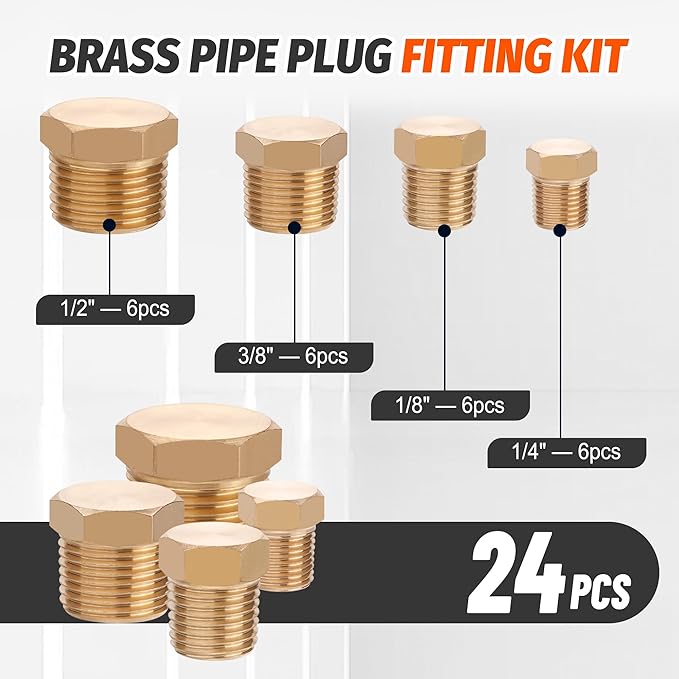 24 PCS Brass Hex Pipe Plug Fittings Kits,Brass Plugs Fitting Assortment Kit 1/8" 1/4" 3/8" 1/2" NTP Plugs Male Threaded