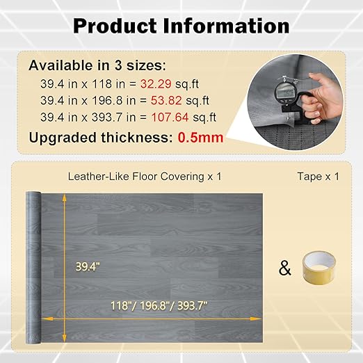 Freshtour Vinyl Flooring Roll, Versatile Removable PET Leather-Like Floor Covering, Waterproof & Durable, Easy Tape Installation, Cost-Effective for Any Room, Grey Oak/ 107.6 Sq.ft (39.3" x 393.7")