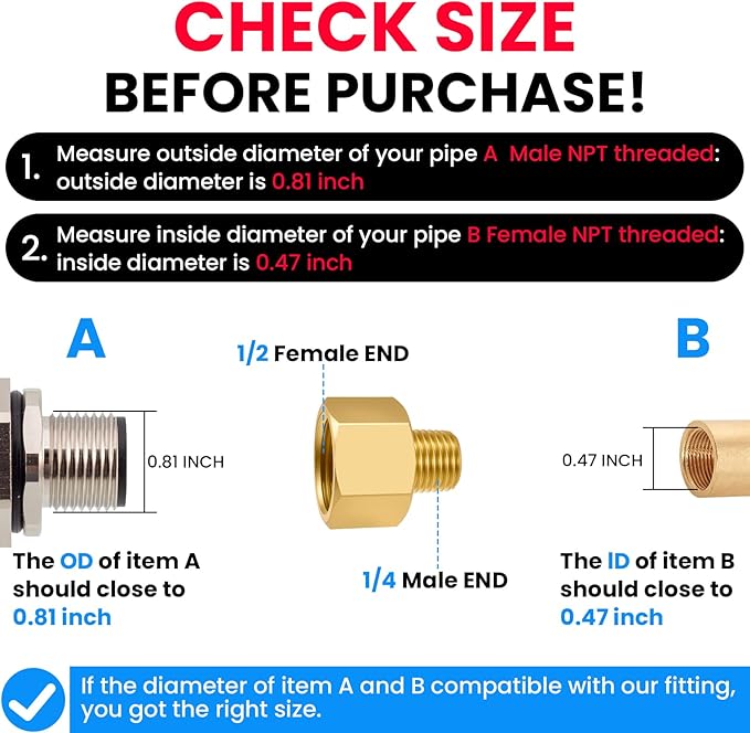 SDTC Tech 2-Pack Brass Pipe Fitting 1/4 NPT Thread Male to 1/2 NPT Thread Female Reducer Adapter, Brass Pipe Extension Connectors