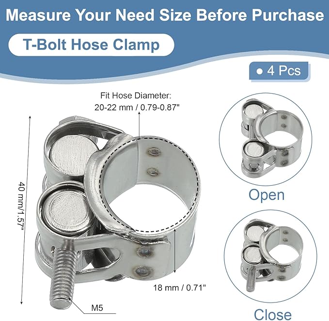 PATIKIL 20-22mm T-Bolt Hose Clamp, 4 Pack Intercooler Pipe Tube Clamps 304 Stainless Steel Radiator Hose Clamp for 0.79"-0.87" Pipe