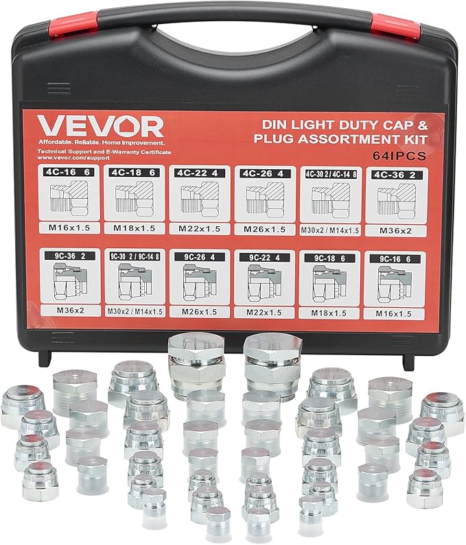 VEVOR 64 PCS DIN Hydraulic Fittings, Heavy Duty Master Industrial Hydraulic Cap and Plug, Hose Tube and Pipe Fitting Kit, Cap and Plug Kit with Precision Threading, Dash Sizes 14/16/18/22/26/30/36