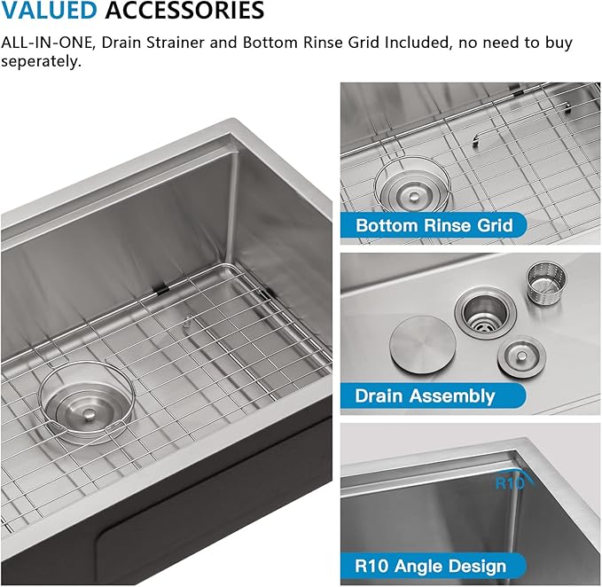 28"x19" Undermount Kitchen Sink Ledge Workstation – 16 Gauge 304 Stainless Steel Round Corners Under Counter Single Bowl Sink Basin