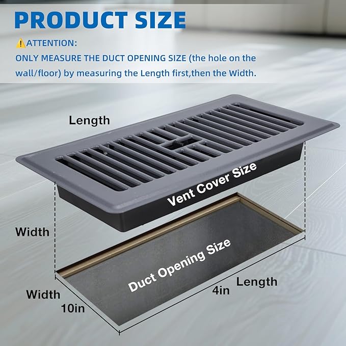 Floor Register 4x10-4 Pack Floor Vents Covers Heavy Duty Steel Walkable Floor Grates Vent Covers for Home Floor Intermediate Switch Design Adjustable Air Vent Covers for Sidewall and Floor, Gray