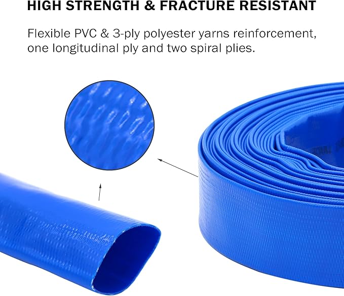 DAVCO 2.5" x 50 ft Pool Backwash Hose, Heavy Duty Reinforced Blue PVC Lay Flat Water Discharge Pump Hoses For Swimming Drain Pools and Clean Filters,with 1 Clamp