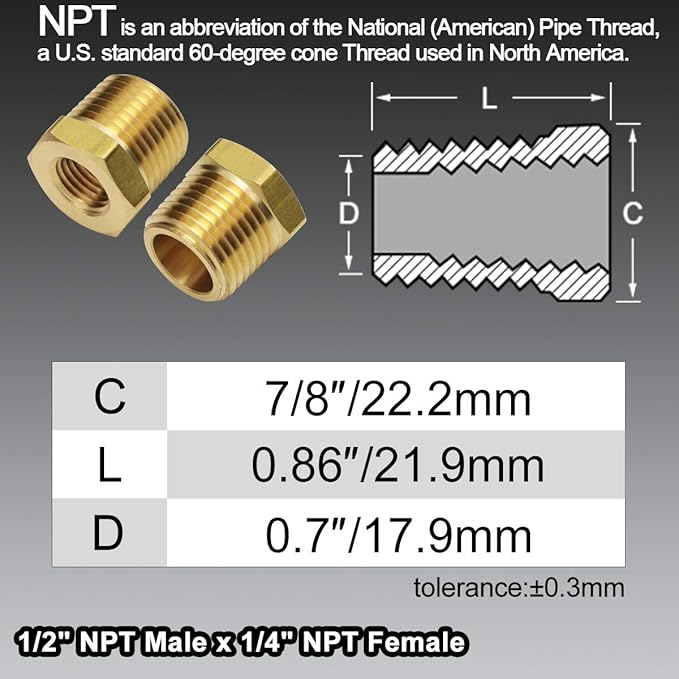2pcs 1/2 Inch NPT Male to 1/4 Inch NPT Female Reducer Brass Pipe Hose Tube Fitting Reducing Hex Head Bushing Adapter Convert