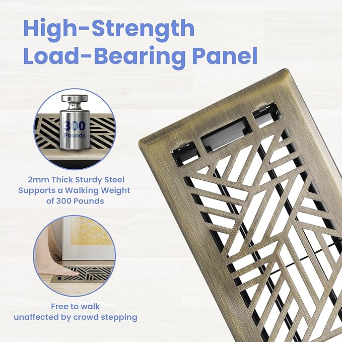4x10 Inches Heavy Duty Walkable Floor Register Easy Adjust Air Supply Lever Floor Vents - Brooklyn Design - Vent Cover for Home Floor - Antique Brass
