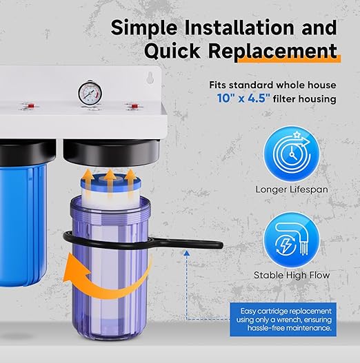 PUREPLUS 2-Stage Whole House Water Filtration System, Reduces Chlorine, Odor, Heavy Metals, Iron, Manganese, 10"x4.5" Clear Housing, 1" Inlet/Outlet, PP Sediment & Iron Filter, with Pressure Gauges