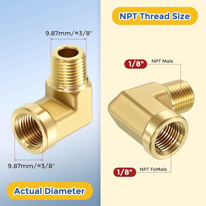 2 Pack Brass Pipe Fittings, 90 Degree 1/8" NPT FeMale to 1/8" NPT Male Barstock Street Elbow, Forged Pipe Fitting Connector for Air, Oil, LP