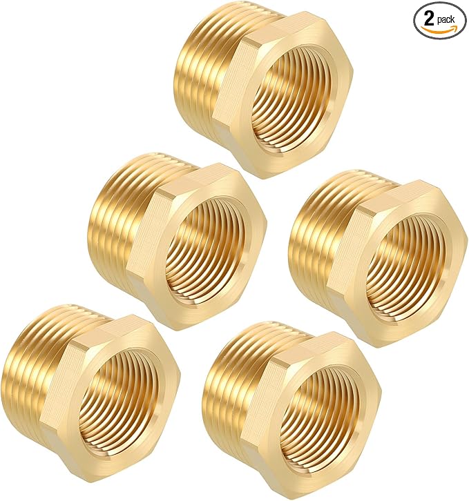 Pack of 2, 1" Male NPT to 3/4" FeMale NPT Solid Brass Hex Bushing, Hose Fittings Adapter Reducer Fit for Pipe Leak Repair, Bathroom Remodeling, Tool Extensions, Compression