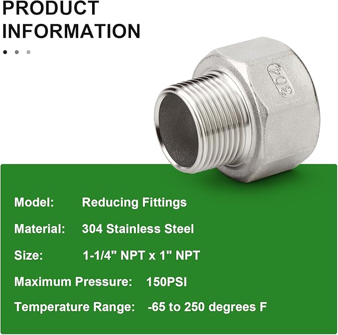 TAISHER 2PCS 304 Stainless Steel Pipe Fitting, Reducer Adapter, 1" NPT Male x 1-1/4" NPT Female