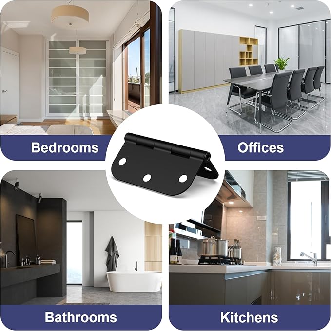18 Pack Rounded Matte Black Door Hinges, 3.5 x 3.5 Inch Hinges with 5/8" Radius Corners, Durable and No Squeak Hinges, for Home Interior, Exterior Doors and Commercial Use