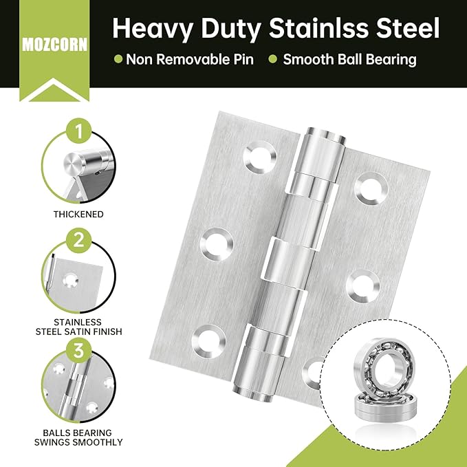 3Pcs Stainless Steel Door Hinges 3 Inch, Heavy Duty Ball Bearing Hinges for Interior Exterior Doors, Square Corner, Max Loading 100LB, Smooth and Quiet, Silver