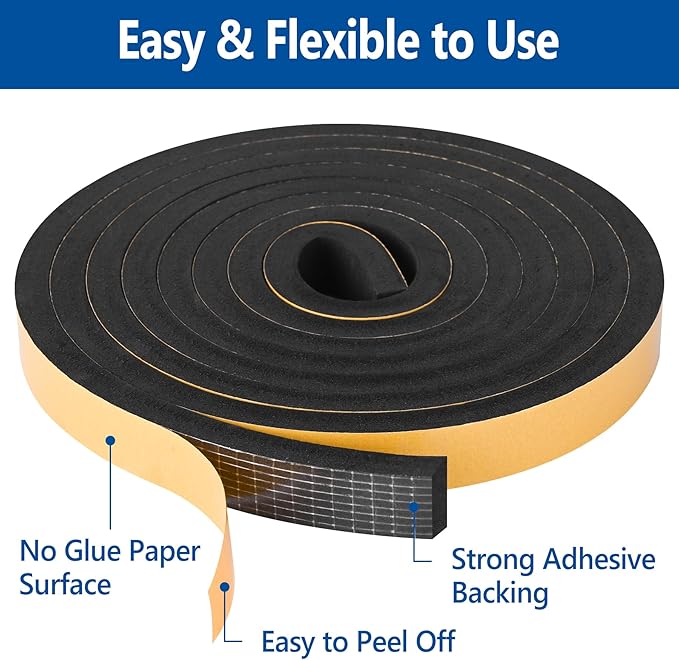 Kikerike Self Adhesive Foam Tape Weatherstrip 1in x 1/8in x 33Ft High Density Foam Insulation Strips Foam Seal Weather Stripping with Strong Adhesive for Door and Window Sound Isolation Soundproofing